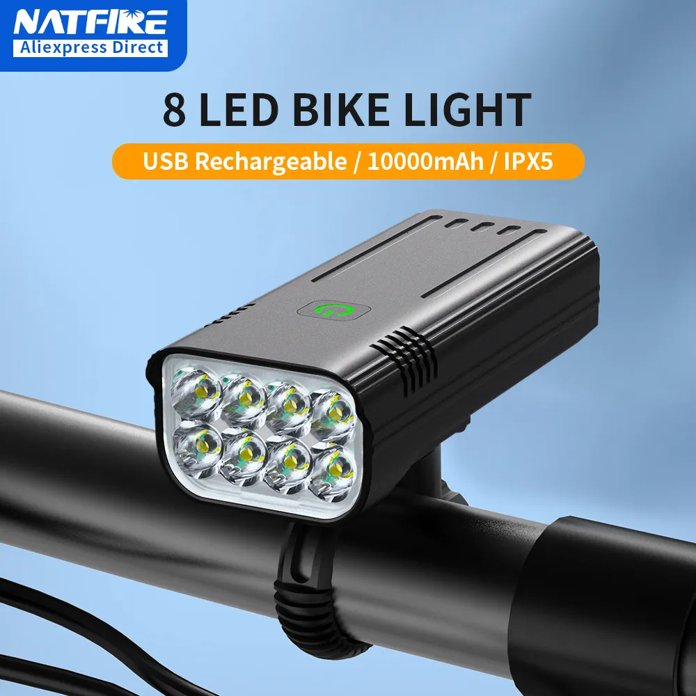 Lumières de vélo NATFIRE 8 LED Lumière 100006400mAh USB Phare rechargeable Super Bright Lampe de poche avant et arrière Feu arrière 230907