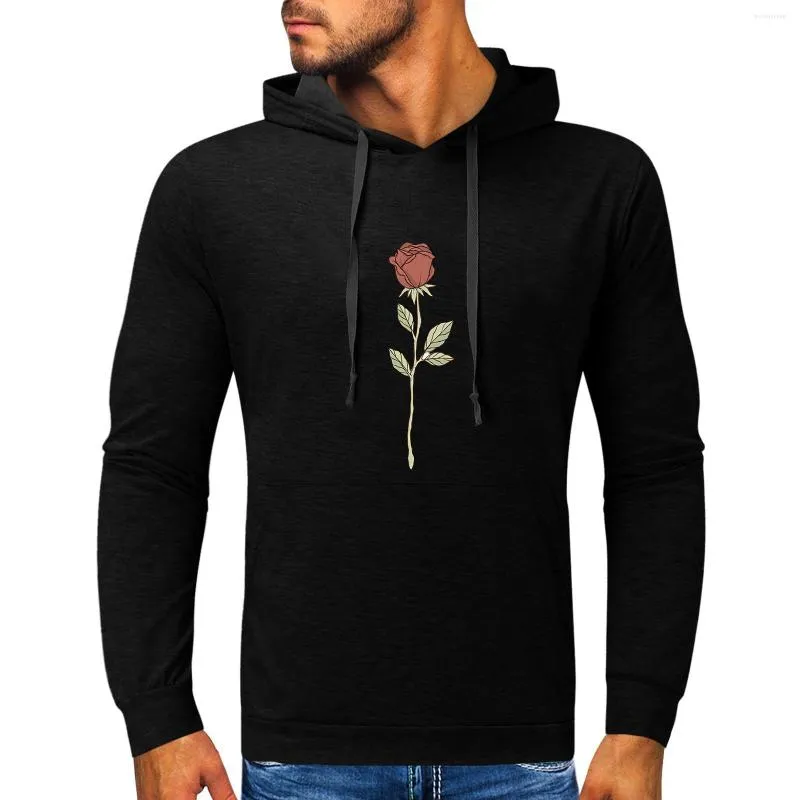 Men's Hoodies Flower Print Halloween Rose Top Long Sleeve Hooded Pullover Large Size Black Sweater Winter Fall