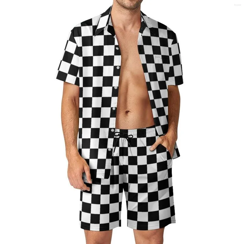 Herrespår Två ton strand män sätter svart vit checkerboard casual skjorta set sommar grafisk shorts 2 stycke nyhet kostym 2xl 3xl