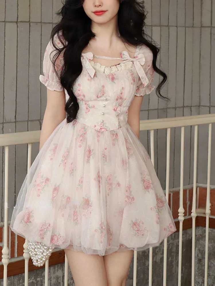 Rosa impressão kawaii doce dres puff manga vintage elegante mini vestido feminino chiffon coreano bonito fada verão 230808