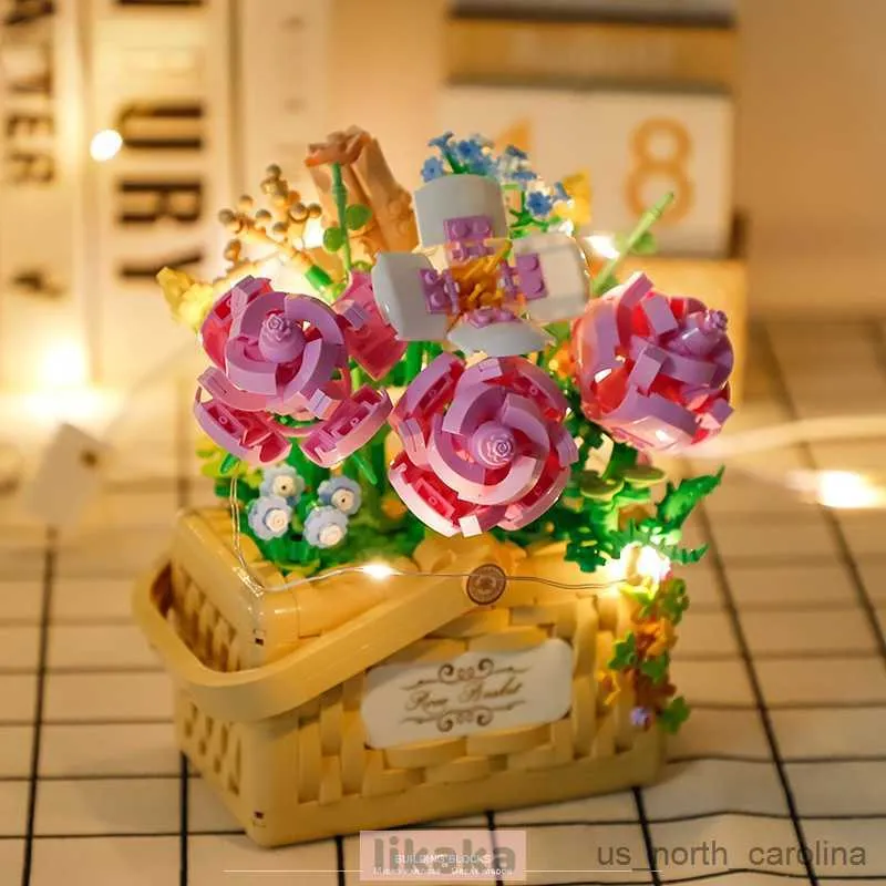 Blocks Rose Basket Building Blocks Toys for Girls Valentine's Day Gifts Plants Flower Model Toys for Home Decoration R230907