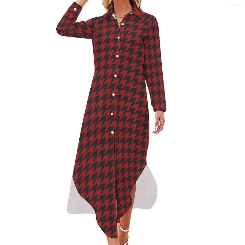 Vestidos casuais vintage houndstooth chiffon vestido vermelho e preto retro kawaii street wear mulher sexy design vestido tamanho grande