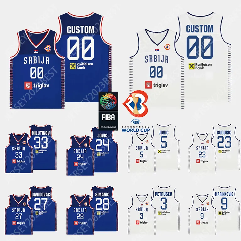 Maillot de basket-ball de la Coupe du monde Fiba 2023 de Serbie, équipe nationale 33 NIKOLA MILUTINOV 5 NIKOLA 24 STEFAN JOVIC 7 Bogdan Bogdanovic 15 Nikola 9 VANJA MARINKOVIC Srbija