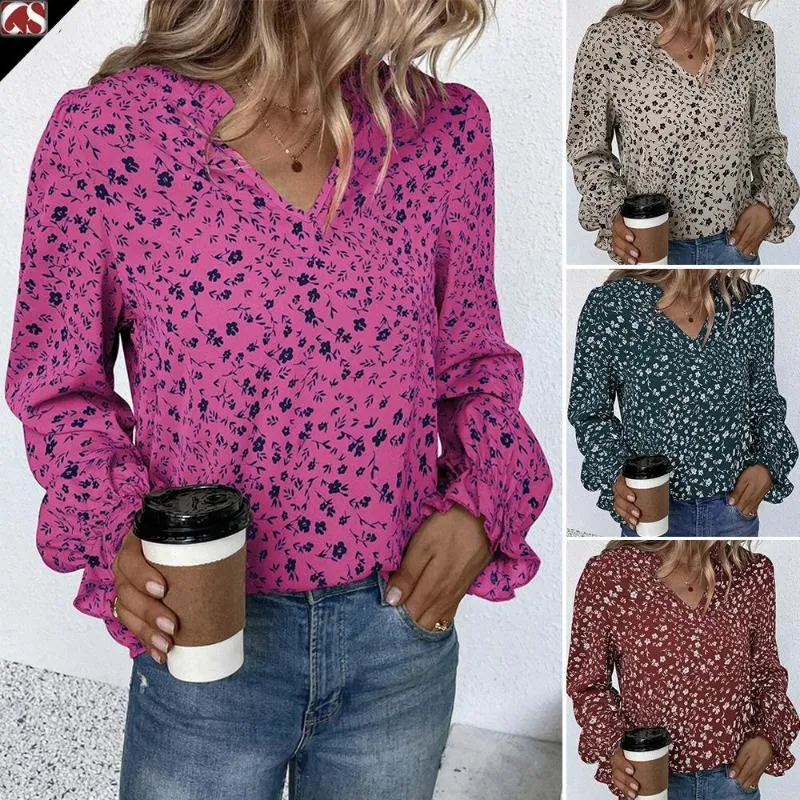 Damen Blusen Frauen Vintage Blumendruck Elegante Bluse Trendy V-Ausschnitt Loses Hemd Lässige Streetwear Tops Y2K Langarm Blusas Mujer