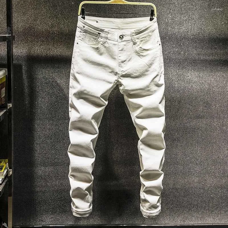 Herr jeans 6 färger 2023 mager vita mode elastiska smala byxor jean manliga märke byxor svart blå grön grå