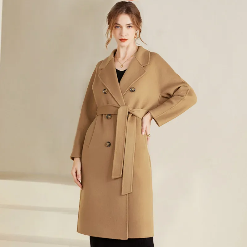 Kvinnor Wool Blends Autumn and Winter Cashmere Coat Womens Classic DoubleBreasted Womens Thicked Doubled Wool Long Coat MM 230906