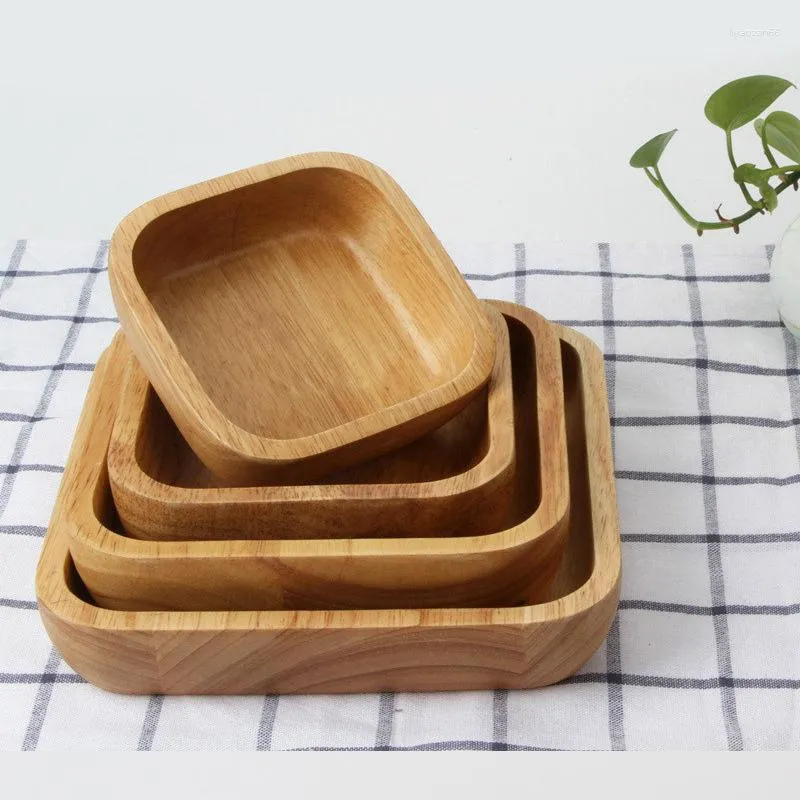 Dinnerware Sets 1Pc Square Wood Bowl 4 Sizes Salad Set Large Small Wooden Plate Snack Dessert Serving Dishes Container Tableware
