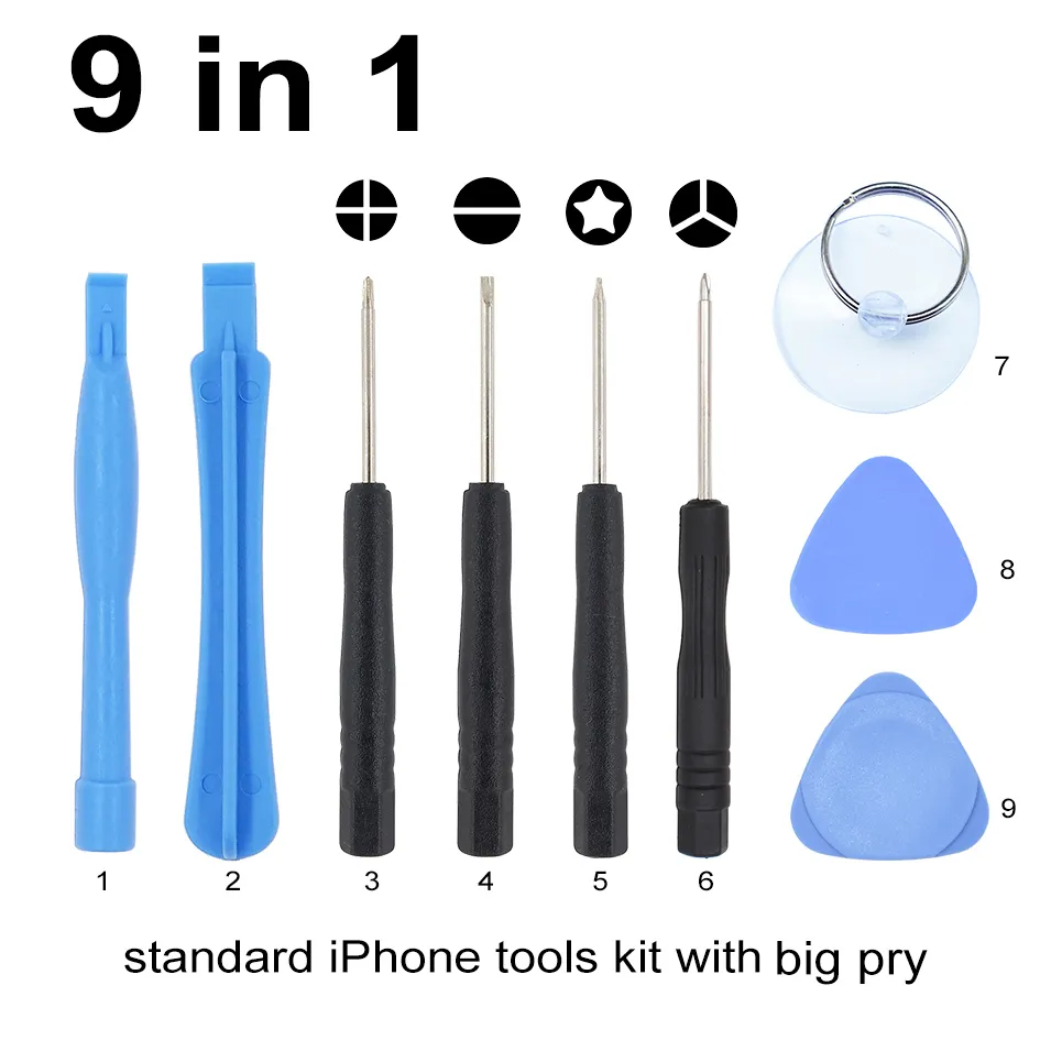 Avec jeu de tournevis 0.6 Y 9 en 1, Kit d'outils d'ouverture de téléphone portable Standard 10 en 1 pour iPhone 7 8 X outil de réparation 500 ensemble/lot
