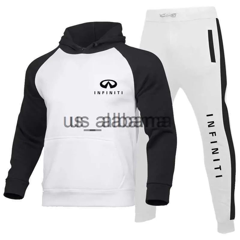 Herrspåriga Spring Spring Autumn New Men's Sweatshirt Suit Infiniti Car Print High Quality Cotton Jogging Overdized Hoodie + Pants 2 Piece Set X0907