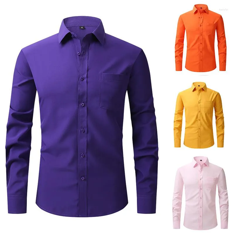 Camisas de vestido masculino camisa fina completa manga longa cor pura rosa branco amarelo verde social para homens de negócios primavera outono roupas