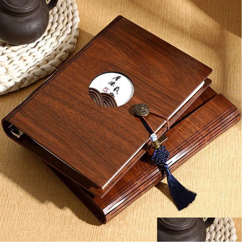 Notepads Wholesale Chinese Vintage Style Agenda Journal Book A5 Loose-Leaf Notepad Wooden Er Pretty Binder Notebook Stationery With Th Dhrn6