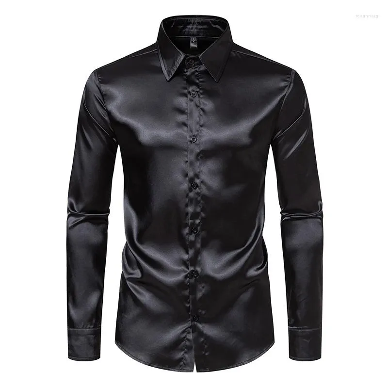 Camisas de vestido masculinas Preto Brilhante Camisa de Cetim de Seda para Homens Mens Casual Slim Fit Suave Camisa Social Masculina Casamento XXL