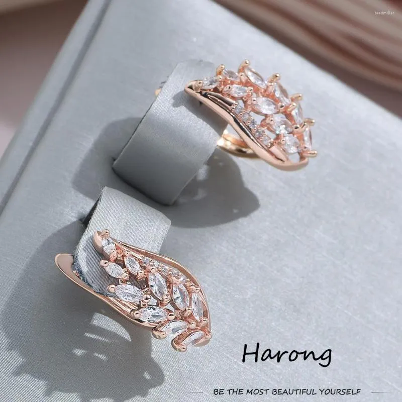 Studörhängen Harong 585 Rose Gold Color Leaf för kvinnor Girl Luxury Shiny Crystal Zircon Earring Smycken Wedding Present