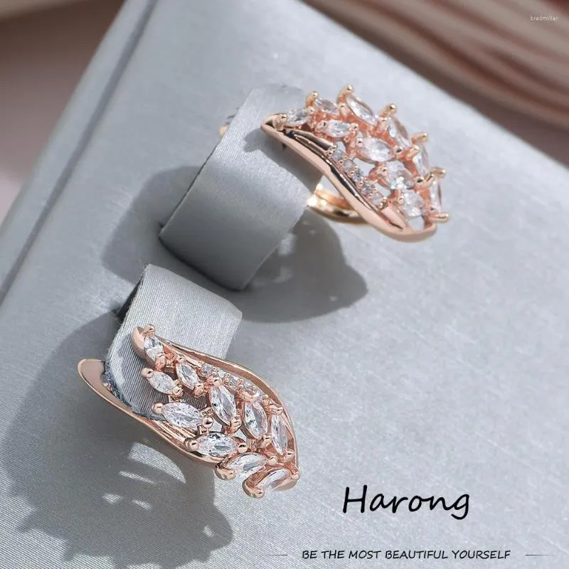 Stud Earrings Harong 585 Rose Gold Color Leaf For Women Girls Luxury Shiny Crystal Zircon Earring Jewelry Wedding Gift