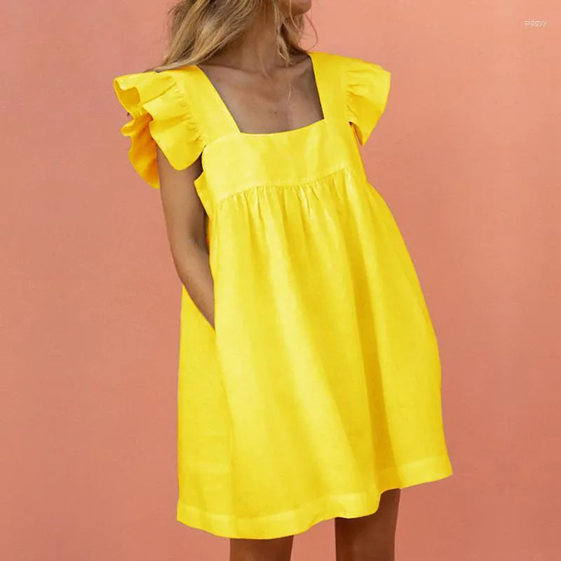 Casual Dresses Women Ruffled Mini Dress Summer Elegant Butterfly Sleeve Square Collar Pocket Female Beach Cute Solid High Waist