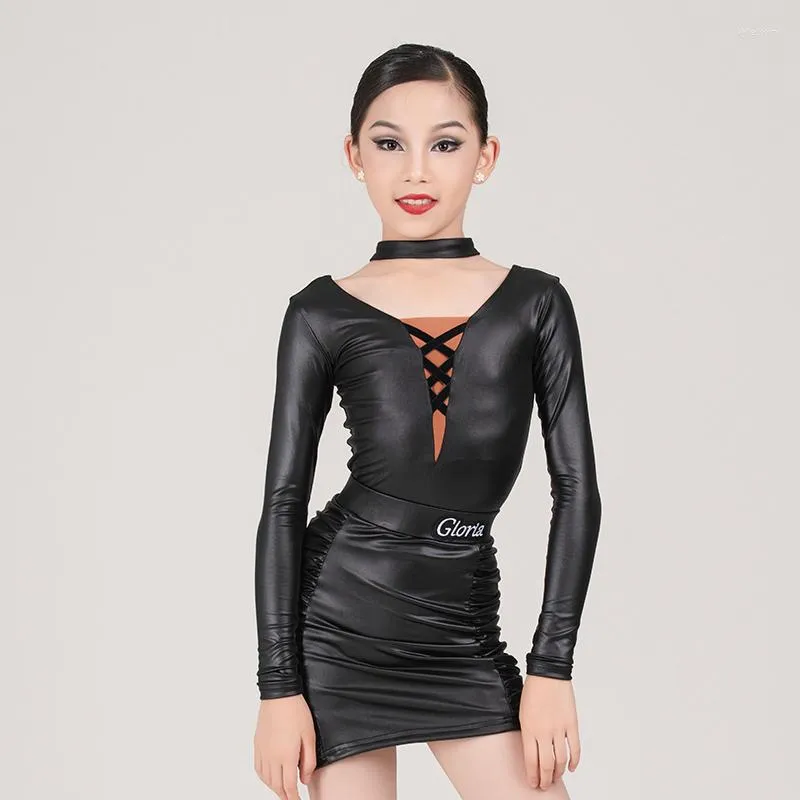 Stage Wear Black Pu Leather Latin Dance Costume Girls ChaCha Rumba Samba Competition Dresses Bodysuit Skirt Performance Suit DL10934