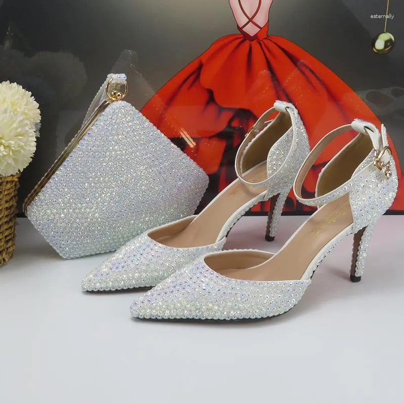 Dress Shoes 2023 Arrival White Bling Crystal Women Wedding And Matching Bags High Pumps Fashion Pointed Toe Purse Female