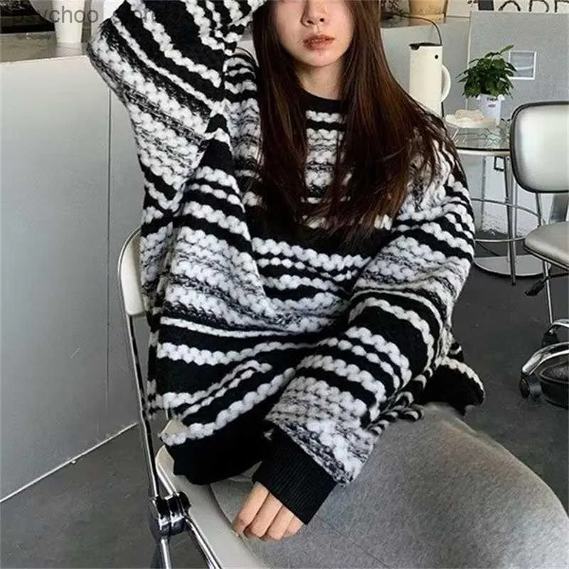 Women's Sweaters Striped Sweaters Women Knitted Pullovers Korean Style Jacquard Loose Top O Neck Autumn Winter oversized sweater Knitted Jumpers Q230907