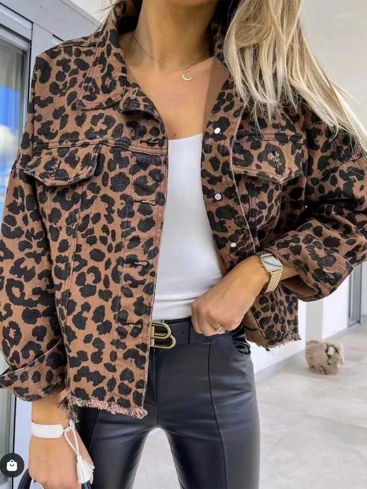 Jaquetas femininas leopardo denim jaqueta mulheres outono vintage casaco feminino casual solto manga longa senhoras streetwear lapela botões shacket