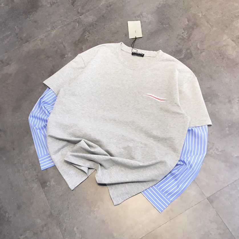 Spring Letter Print Bluzy Splatane w paski Fałszywy dwuczęściowy cienki sweter z długimi rękawami luźne dla mężczyzn i kobiet