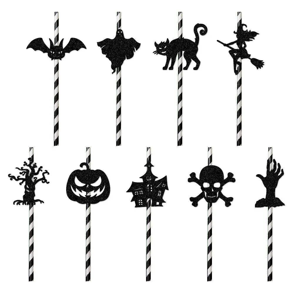 Pailles en papier jetables pour Halloween, 9 pièces/ensemble, citrouille noire, chauve-souris, carte fantôme de sorcière, pailles à boire, décoration de fête d'halloween 2023