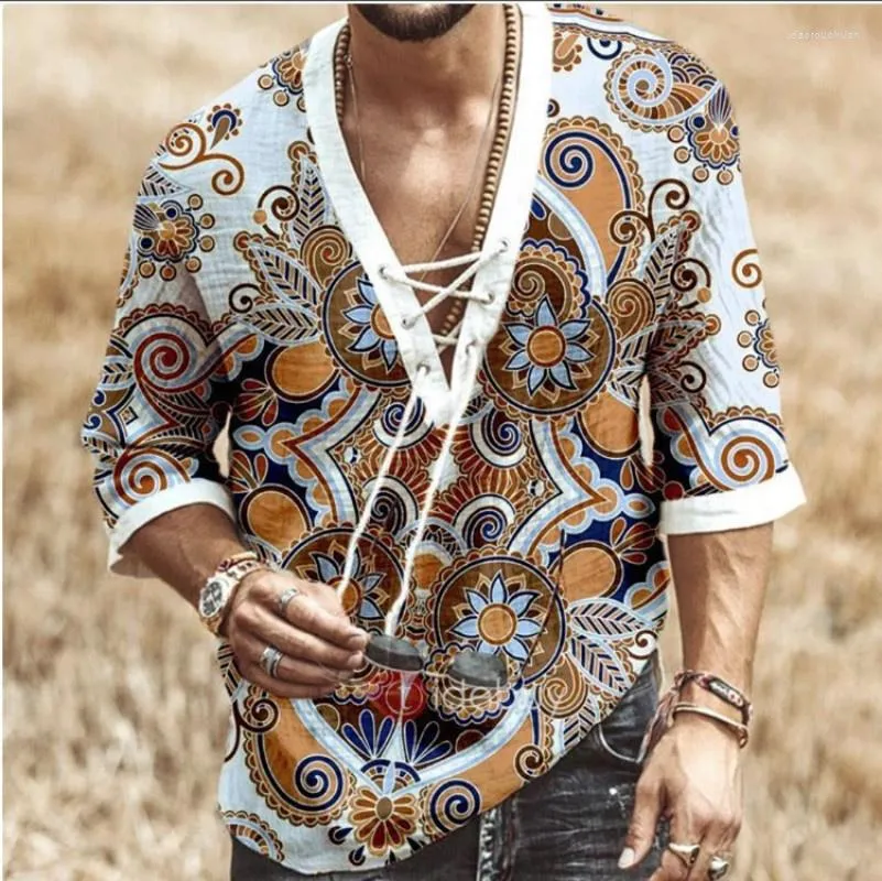 Men's Casual Shirts Men Stripe Print Lace Up V-neck T-shirt Summer Fashion Short Sleeve And Blouse For Clothing