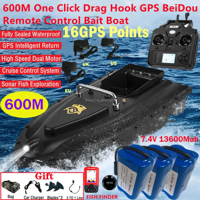 ElectricRC łodzi 600 m 16 GPS Auto powrót pilota łódź rybacka 24 g oświetlenie Smart Sonar Waterproof Cruise Sight Prędkość RC Bait 230906