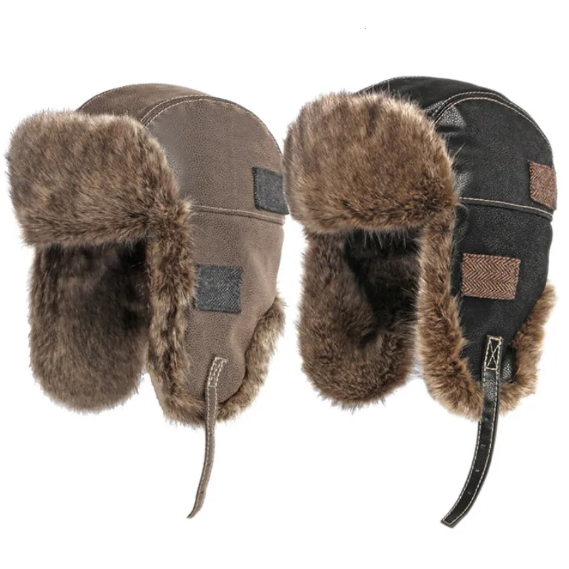 Beanie/Skull Caps HT4098 Russian Hat Thick Warm Leather Winter Hat Män Kvinnor Vindtät fluffig päls Bomber Hat Ski Earflap Cap Russian Ushanka Hat 230906