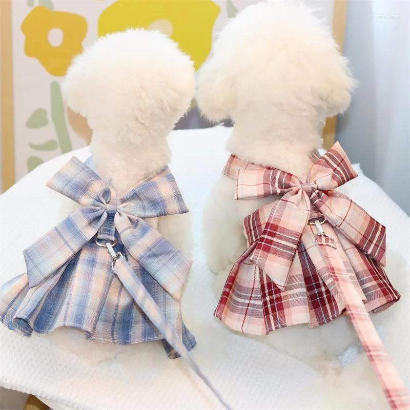 Dog Apparel And Cat Bow Plaid Sling Skirt With Traction Chest Back Spot Direct Dresses Puppy Pet Clothes