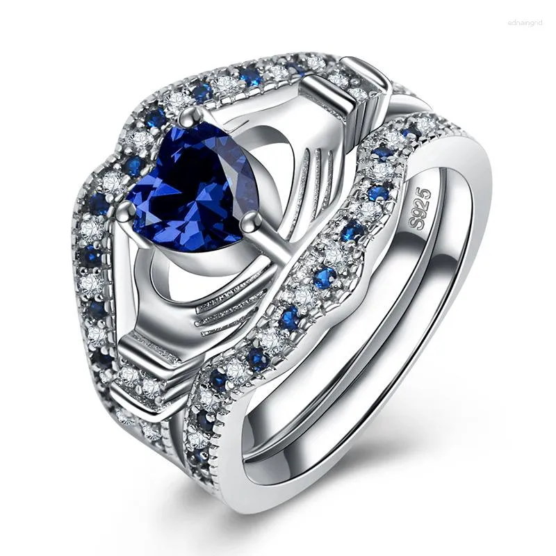 Anéis de cluster Hoyon Luxo Cristal Três Peças Conjunto Anel de Safira Mulheres Casamento Amor Diamante Zircão Exagero Prata 925 Jóias