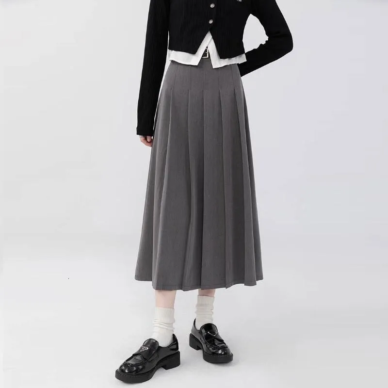 Saias cinza saia plissada para mulheres 2023 outono estilo preppy cintura alta uma linha de comprimento médio vintage casual roupas femininas 230906
