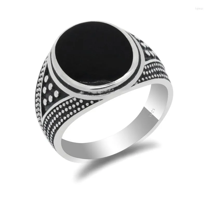 Bagues de cluster Turc à la main 925 Sterling Silver Hommes Bague Ovale Noir Émail Vintage Thai Design pour Femmes Bijoux de fête