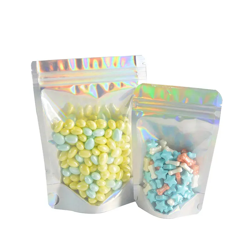 20*30cm Dry Food Package Colorful Holographic Packing Bags Big Sizes Hologram and Clear on Front Self Seal Zip Lock Zipper Packaging Pouches