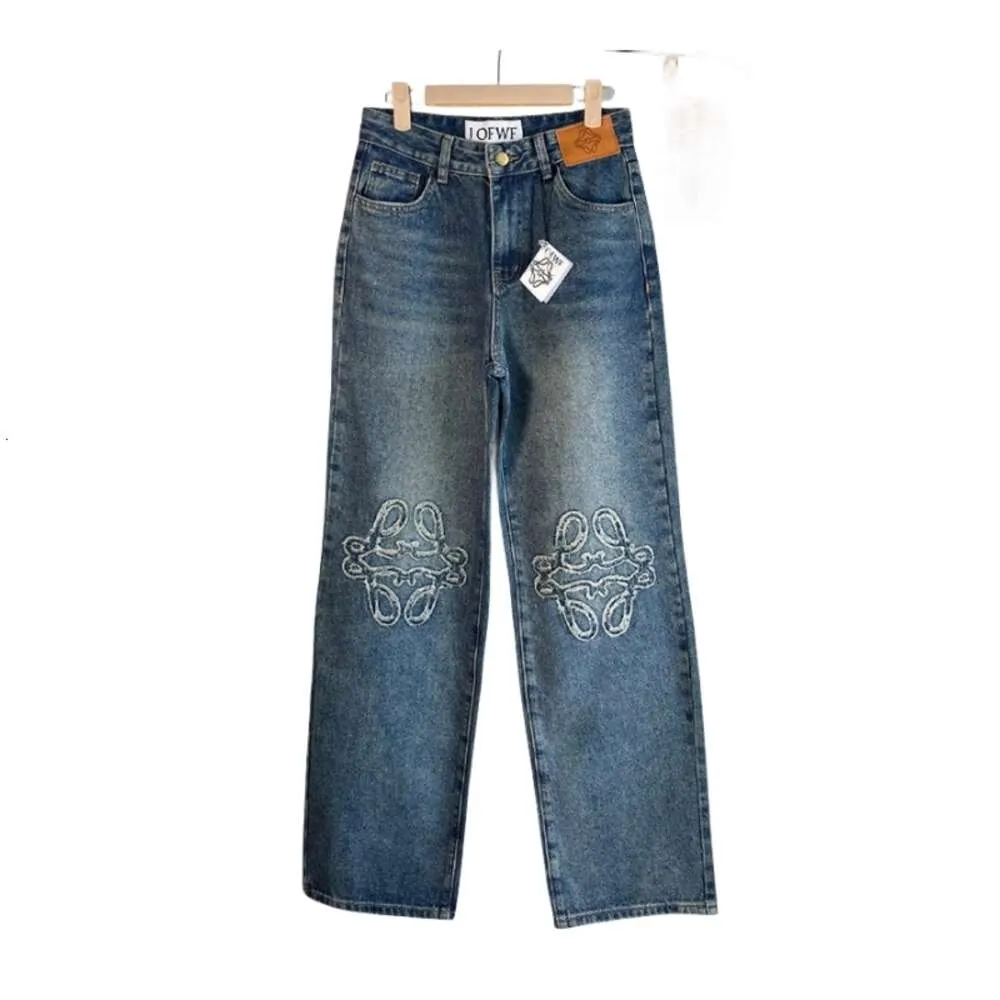 Lowe Original Edition Designer Kwaliteit Nieuwe geborduurde bontrand Wijde pijpen Hoge taille Slanke veelzijdige broek Wasbare jeans