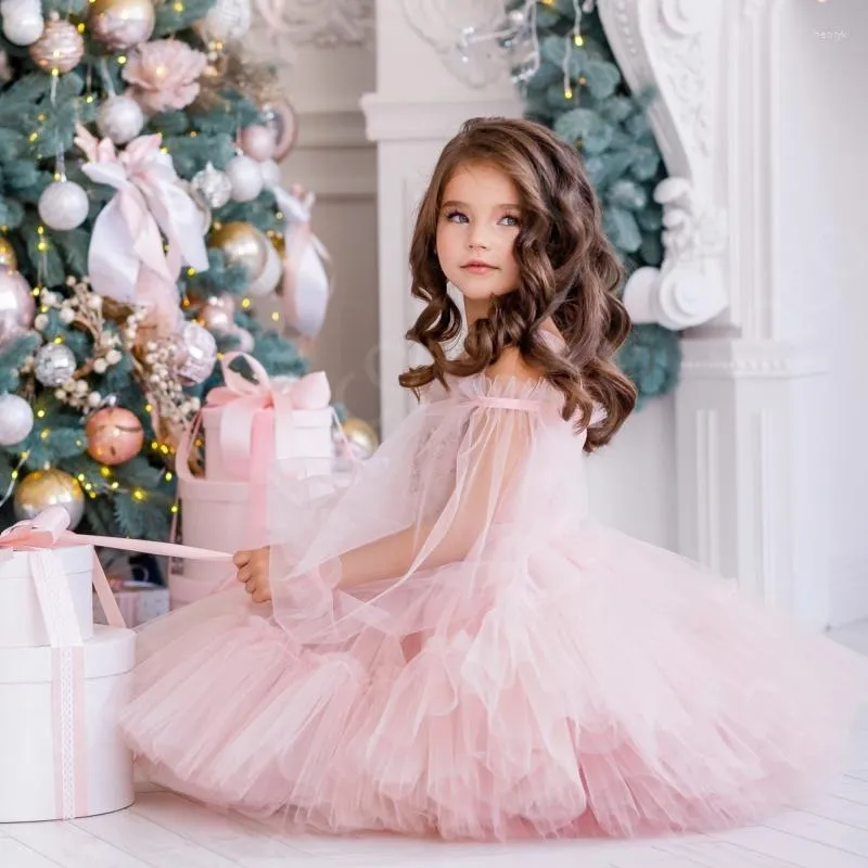Meisjesjurken Prinses Roze Tule Bloemenjurk Voor Bruiloft Ronde Hals Lange Mouw Optocht Kind Eerste Communie Verjaardagsfeestje