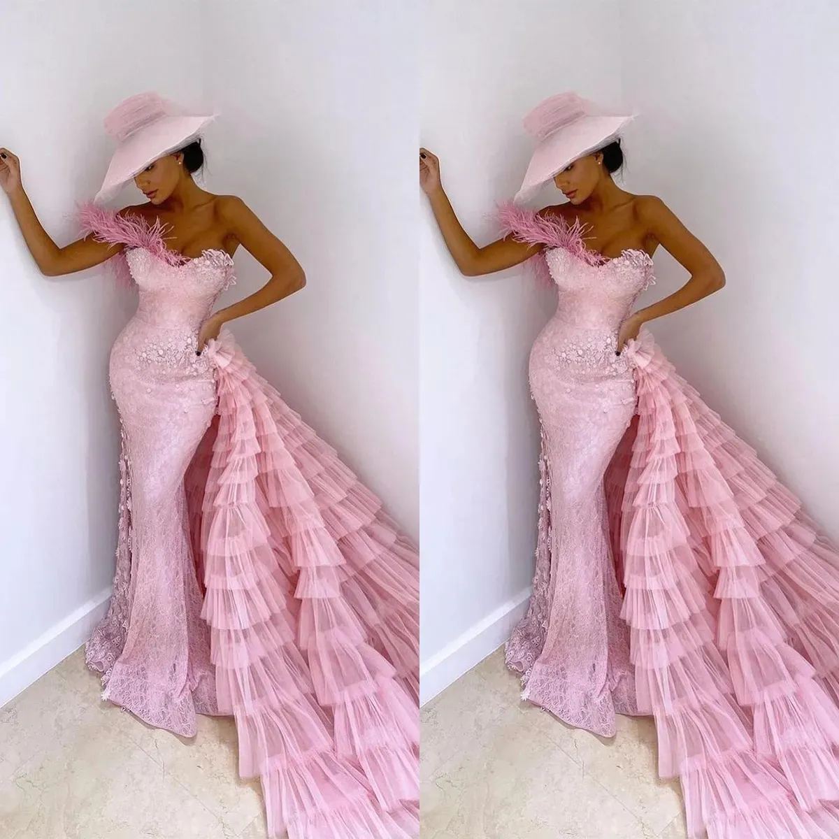 Vestidos de baile de sereia de renda rosa moderna para mulheres árabes 2023 um ombro plus size com overskirt trem formal vestidos de noite