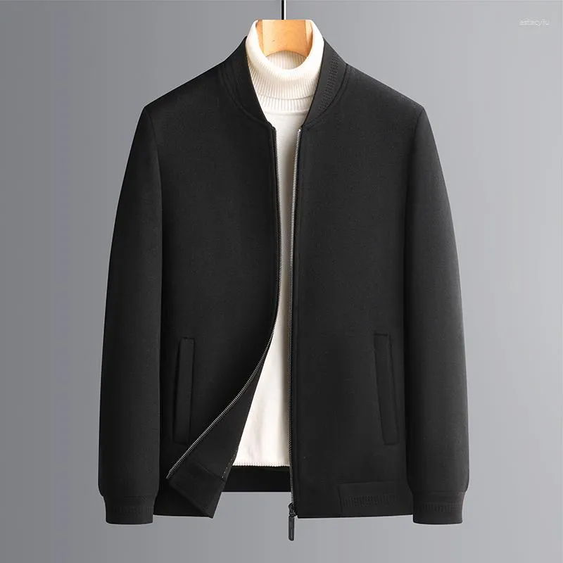 Giubbotti da uomo Uomo Business Casual Cappotto di lana di pecora Grigio Nero Elastico Polsino a costine Orlo Colletto Bomber Autunno inverno Abiti in cashmere 2023