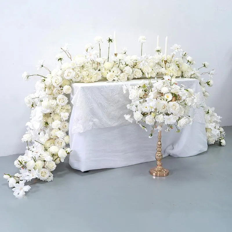 Dekoratif Çiçekler Lüks Beyaz Düğün Çiçek Koşucu Düzenleme Ziyafet Etkinlik Masası Centerpieces Balonlu Candholder Rose Orkide Sırası