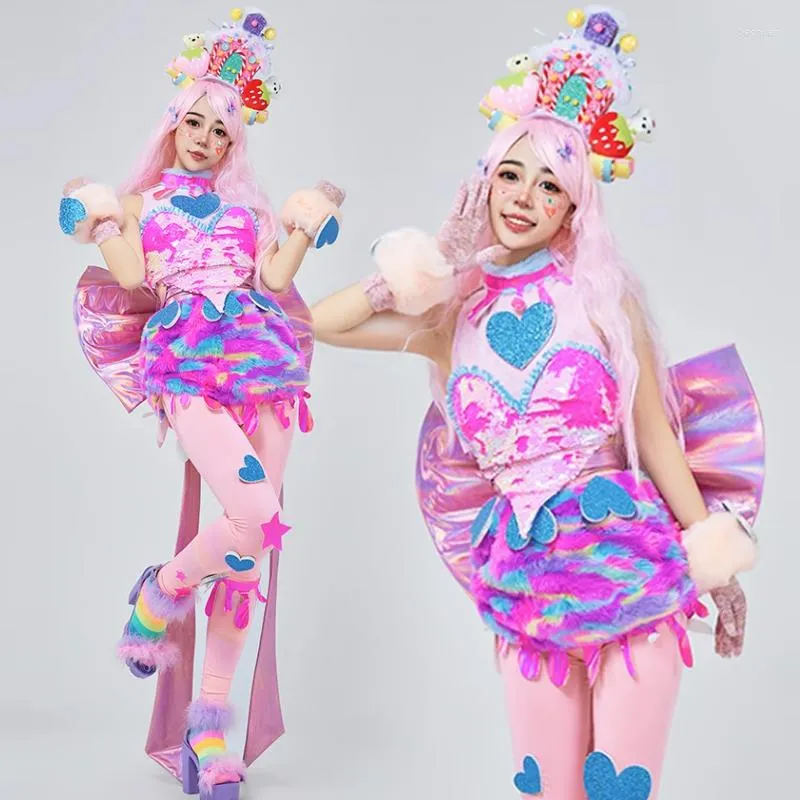 Scene Wear Candy Color Gogo Dancer Performance Women Lovely Jazz Dance Clothes paljetter Toppar Plush kjol Headwear Carnival Suit VDB7234