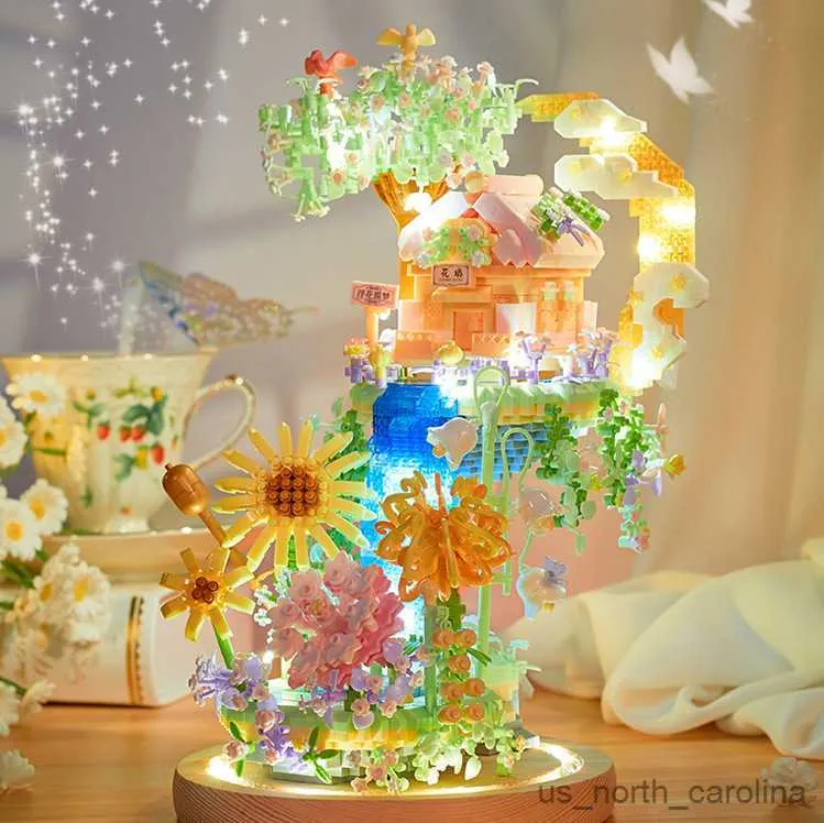 Blocks Romantic Sky Flower House Building Blocks Creative Sunflower With Moon Blocks Toys for Girls Gift Desktop Decoration R230907