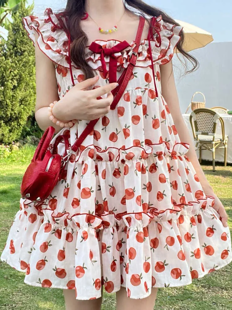 Summer Strawberry Lolita Kawaii Dres Stampa floreale Giapponese Dolce Abito carino Donna Rosso Stile coreano Party Mini 230808