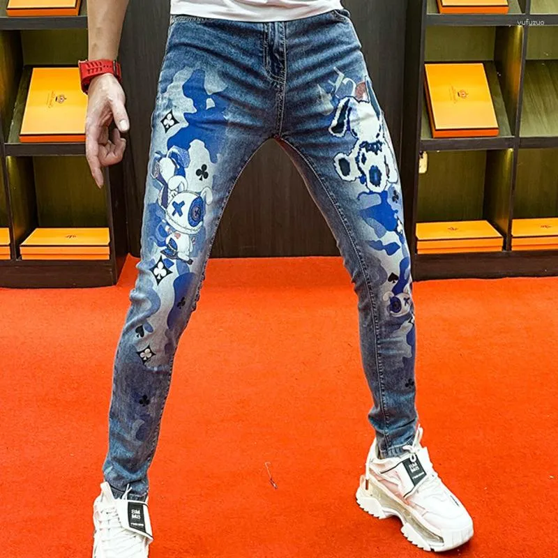 Heren Jeans 2023 Lente Print Legging Slim Fit Fashion Koreaanse Hoge Kwaliteit Trend Gedrukt Broek Erkek Jean Pantolon