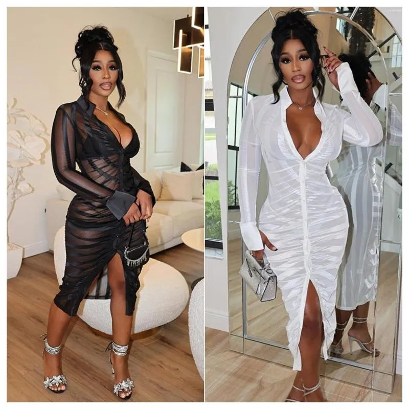 Casual Kleider Mesh Maxi Hemd Kleid Gestreiften Sexy Club Party Bodycon Bluse Frauen 2023 Sommer Elegante Luxus