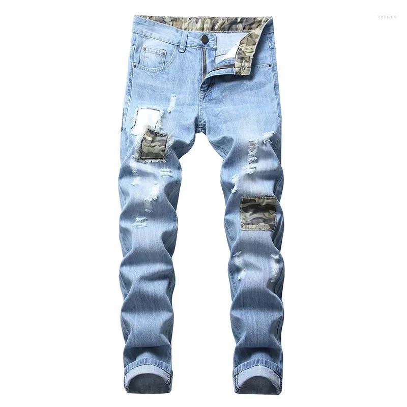 Herenjeans Denim geruïneerde geborstelde patch vernietigt lange high street trend donkere stijl groot formaat