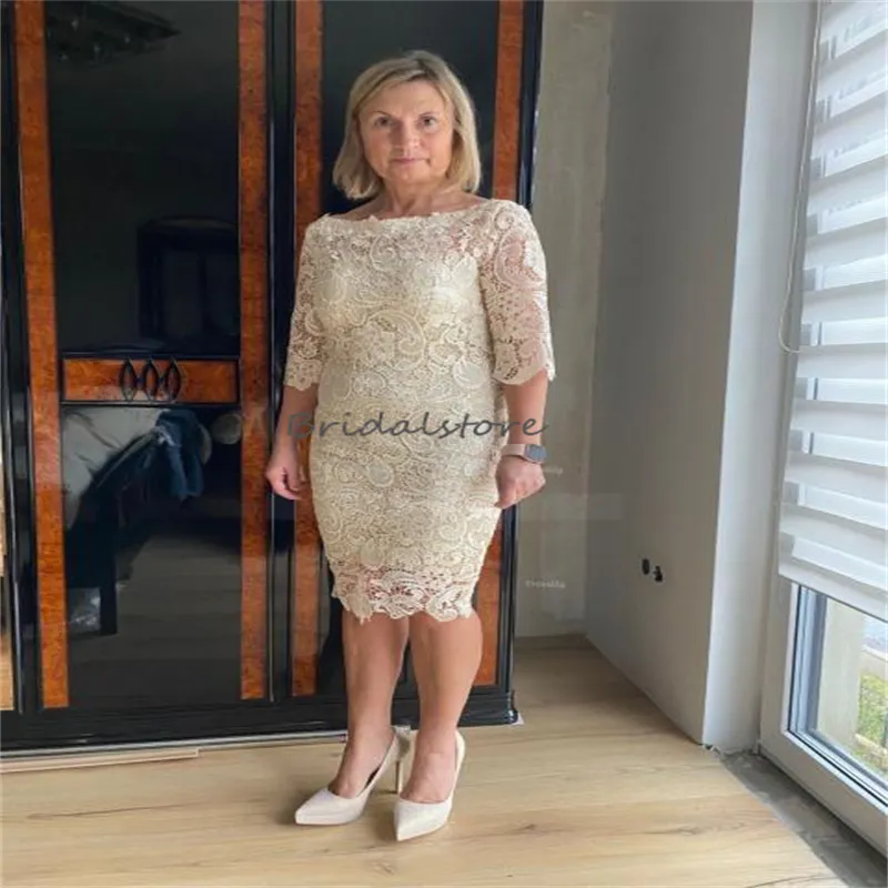 Bespaar veel op bulk Champagne Moeder Van De Bruid Jurk Elegant Light  Champagne Mother Of The Bride Dress Knee Length Lace Wedding Guest Dress  With