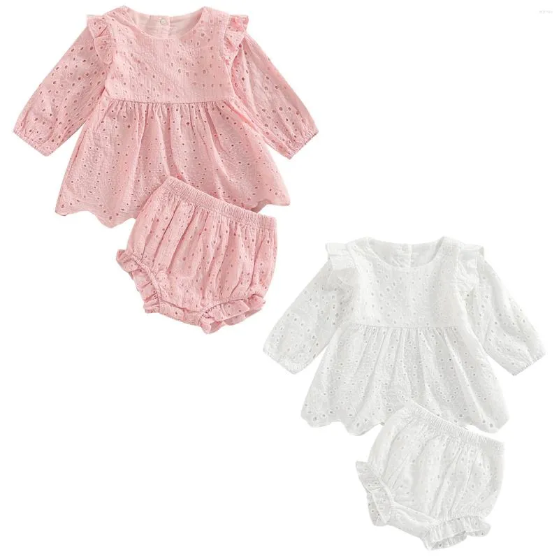 Kledingsets 0-24M Peuter Baby Meisjeskleding Set Effen Kleur Uitsnijding Ronde Hals T-shirt Met Lange Mouwen Tops En Elastisch Casual Ruches Shorts