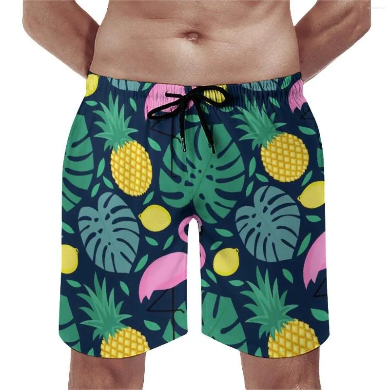 Shorts masculinos placa de verão engraçado folhas de palmeira correndo surf abacaxi flamingo limão impressão design praia confortável troncos de natação