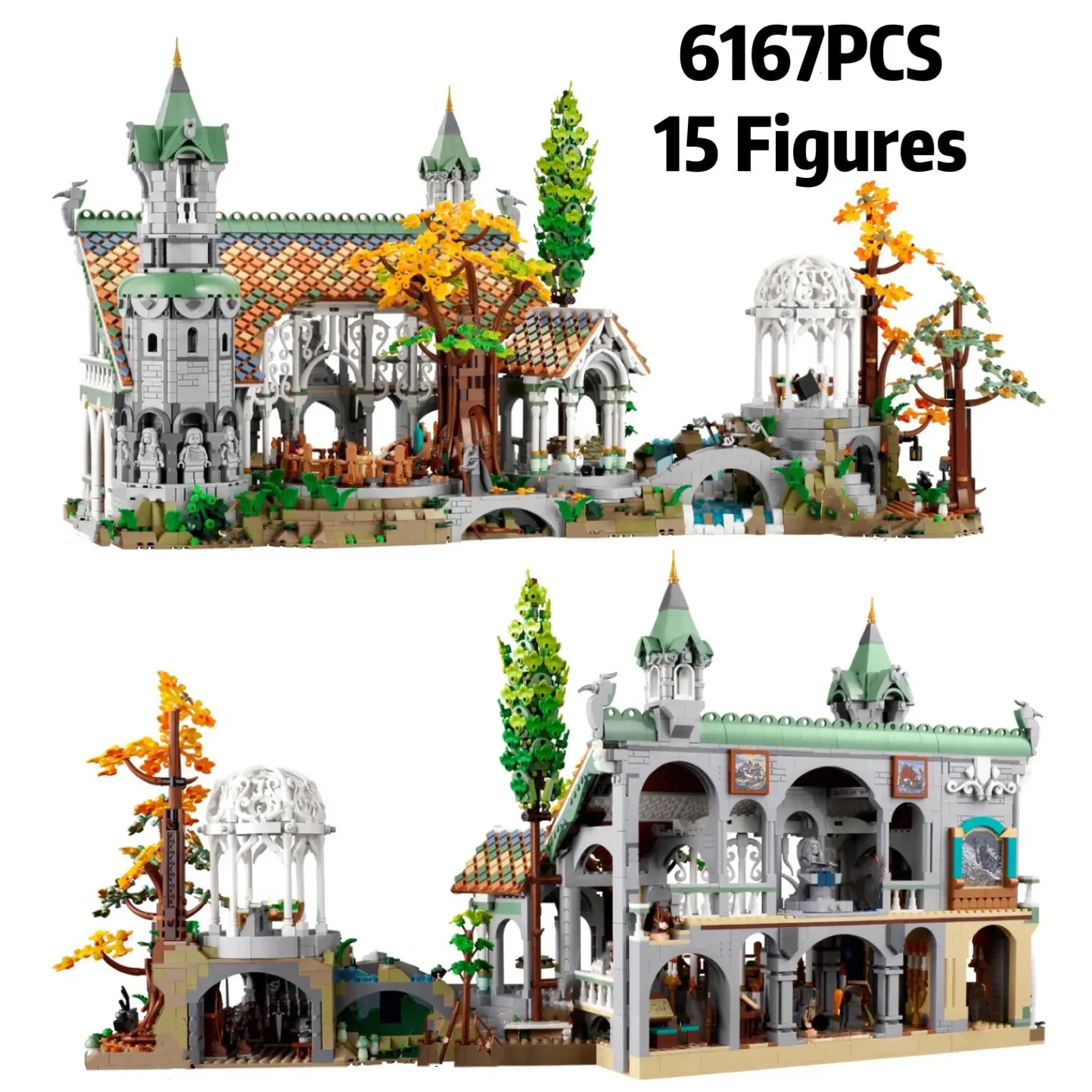 Yaratıcı Uzman İkonlar'da Uçak Modle Film Yüzüklerin Lorded Rivendell Kalesi Model Yapı Taşları Tuğla 10316 Sokak Görünümü Oyuncaklar 6167PCS 230907