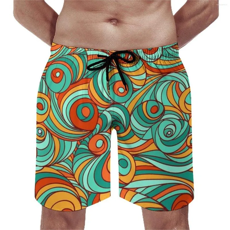 Heren shorts wervelend retro jaren '70 board abstracte lijnen print vintage strand aangepaste sportkleding sneldrogend zwembroek verjaardagscadeau