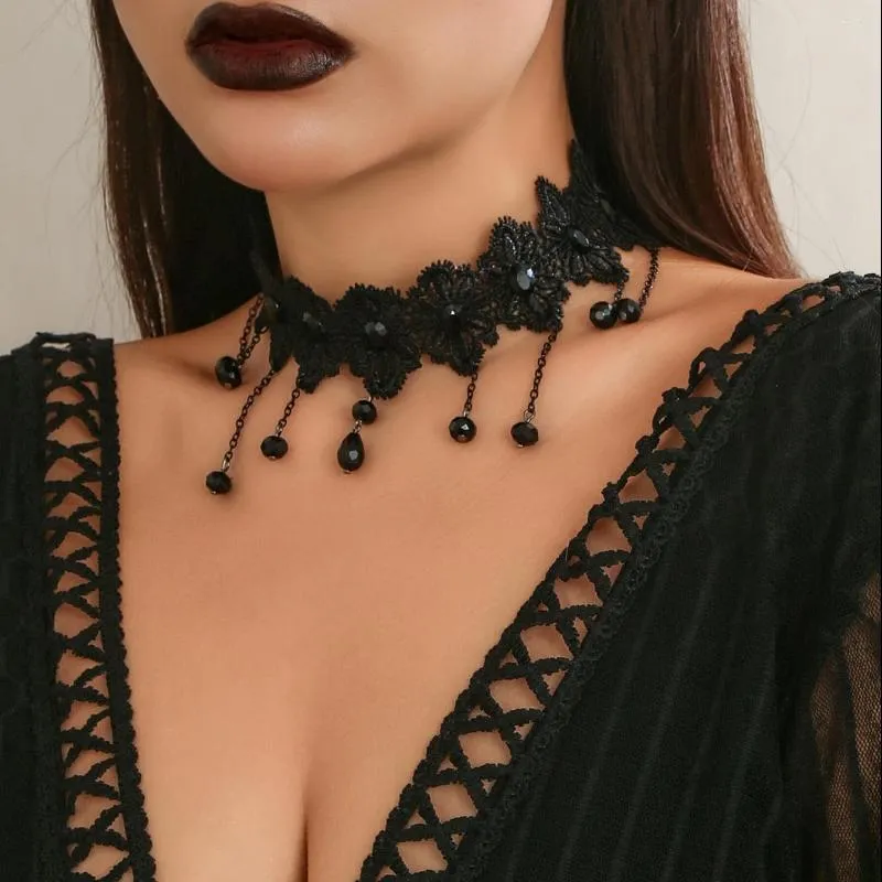 Gargantilha lolita colar de renda retrô preto gótico gota de água borla colar feminino corrente joias de halloween